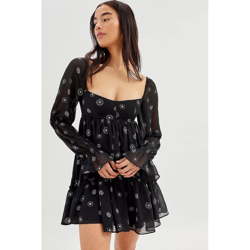 Urban Outfitters Black Lanette Chiffon Mini Dress Floral Medallion Square Neck S